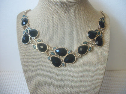 Vintage 18" Necklace Black Blue Gray Inlays Bib Design Gold Tone 030221