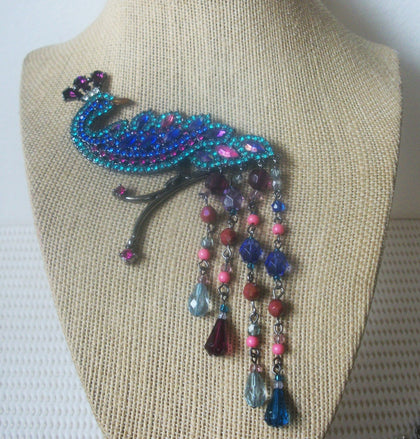 Vintage Brooch Pin , Signed AVON Over Sized Peacock Colorful Rhinestone Dangle 7" Long 11217