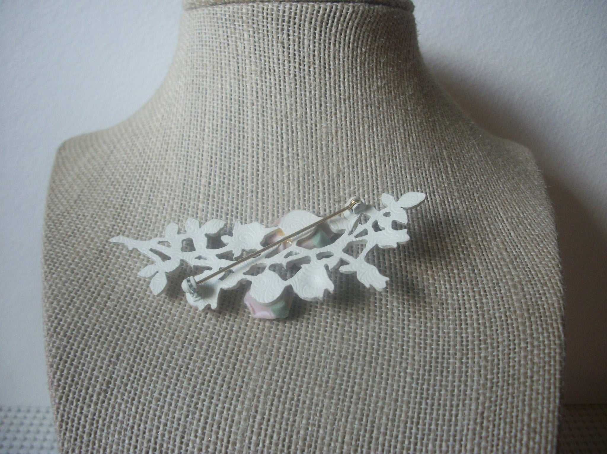 Larger, Vintage Brooch Stick Pin, Porcelain Roses, Pink Flowers, White Metal, Floral, 022021