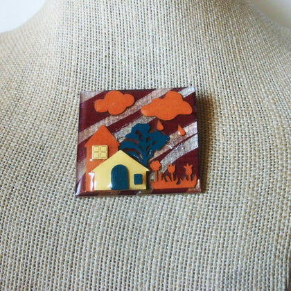 Vintage Lucinda House Pins, Fall Clouds Rain Drops Tree Tulips Growing 021321