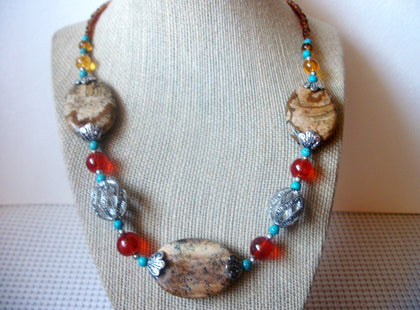 Polished Jasper, Semi Precious Stones, Glass, Silver Tone, Southwestern 16"- 19" Long Vintage Necklace 63017
