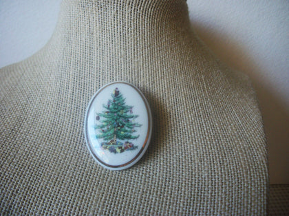 Vintage Jewelry. Fine Porcelain Christmas Tree, Signed SPODE Hand Crafted Oval, 53018