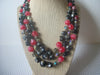 Vintage RARE JAPAN 1950s Black Red Gold Sugar Beads Molded Chunky Triple Strand Necklace 112016
