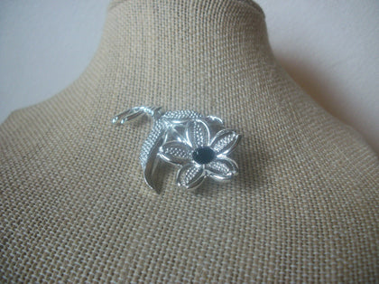 Signed SARAH COV, Black Glass, Flower Floral, Filigree  Bar Design, Silver Tone, Vintage Brooch Pin 022421