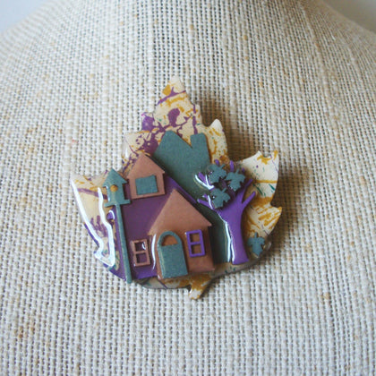 Vintage Lucinda House Pins Maple Leaf Sage Brown Ocre Autumn Leaves Fly Heart