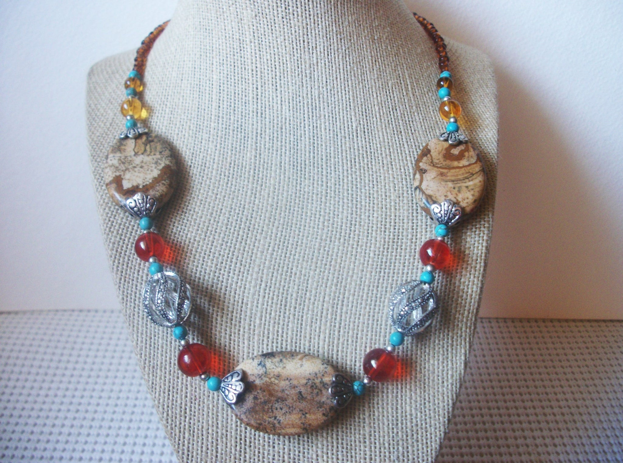 Polished Jasper, Semi Precious Stones, Glass, Silver Tone, Southwestern 16"- 19" Long Vintage Necklace 63017