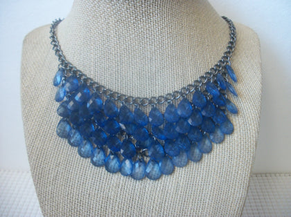 Vintage 18" - 22" Chunky Translucent Blue Acrylic Dark Silver Tone Bib Necklace 030121
