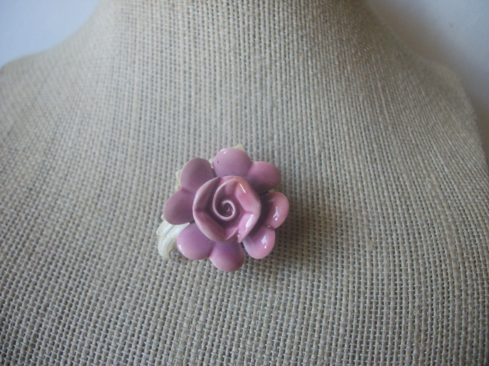 Thicker Vintage Brooch Pin, Pretty Pink Rose Cream Leaves Old Plastic Flowers 023021