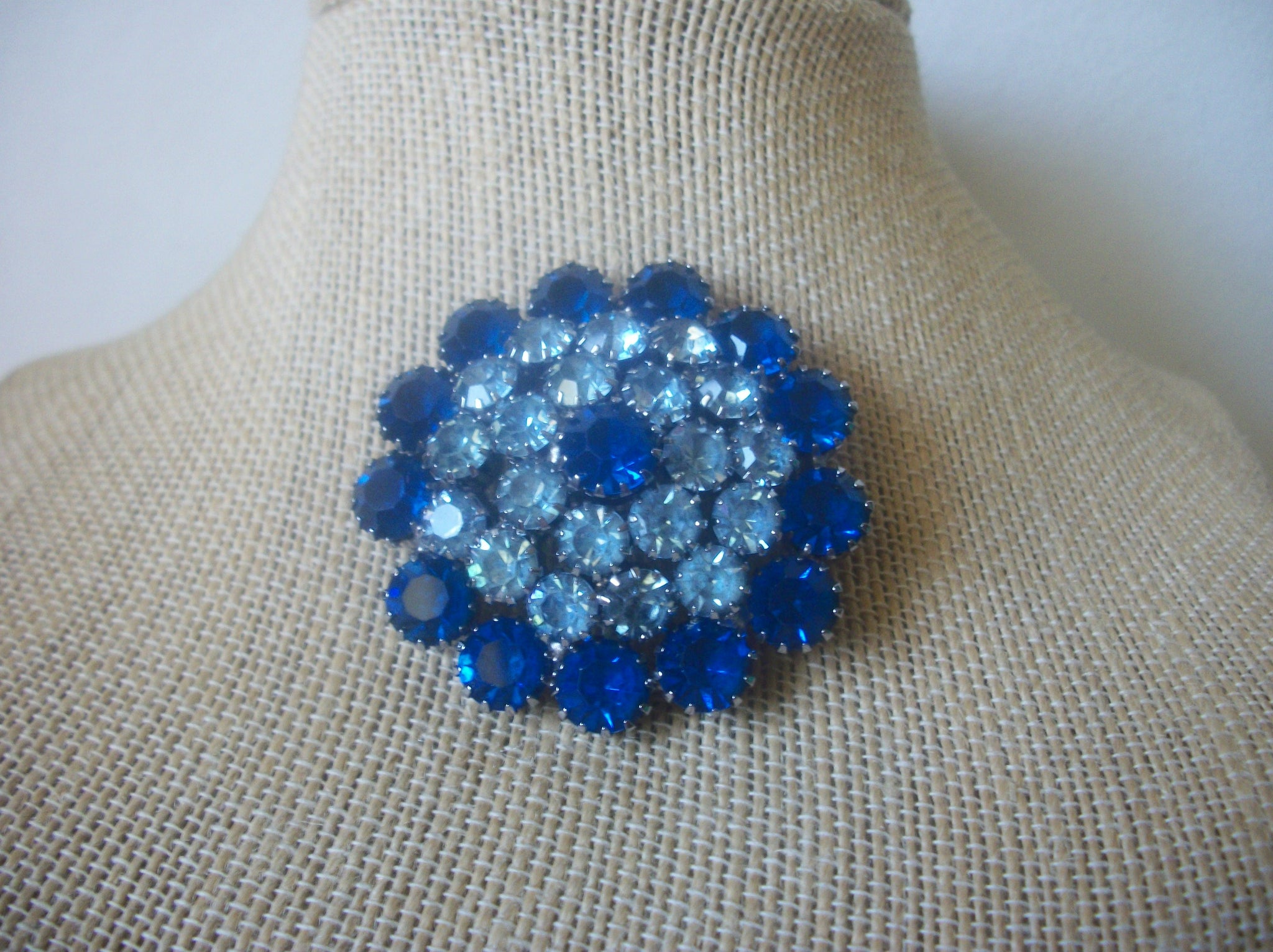 Vintage Brooch Pin Blue Rhinestones Cluster Mid Century Silver Tone 121516