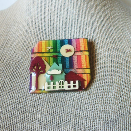 Vintage Lucinda House Pins, Rainbow Fall Birds Flying Sun Tree 021321