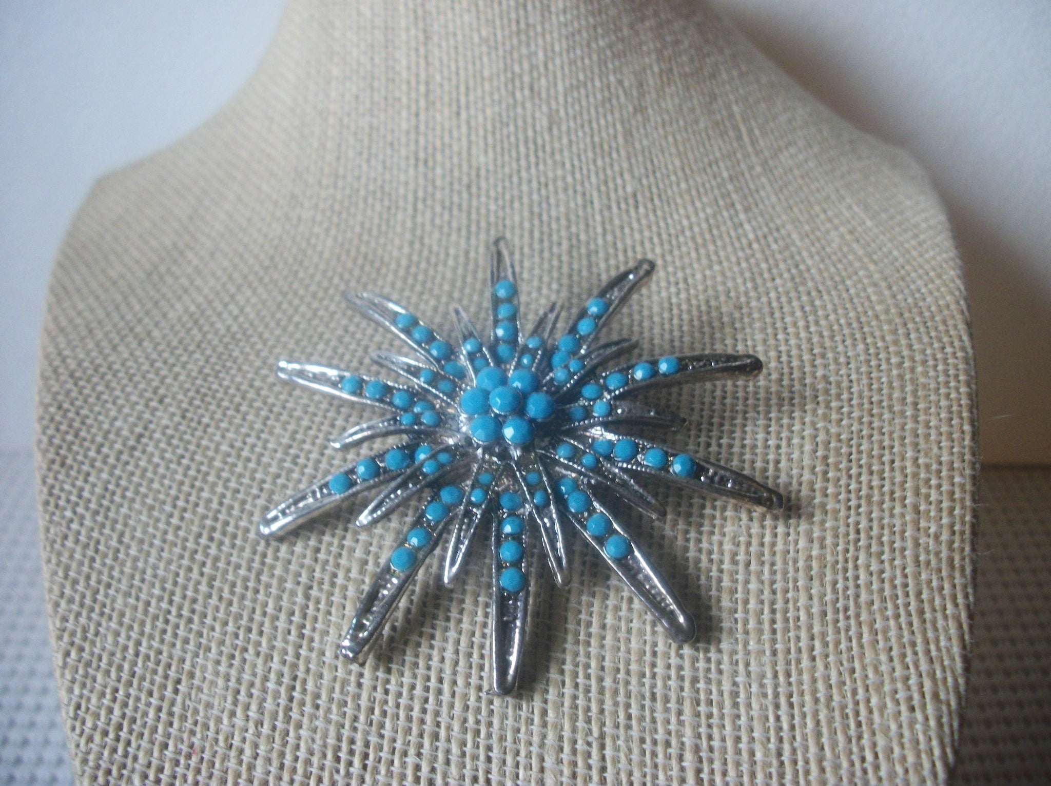 Larger Southwestern Star Silver Tone Blue Micro Beads Vintage Brooch Pin 022221