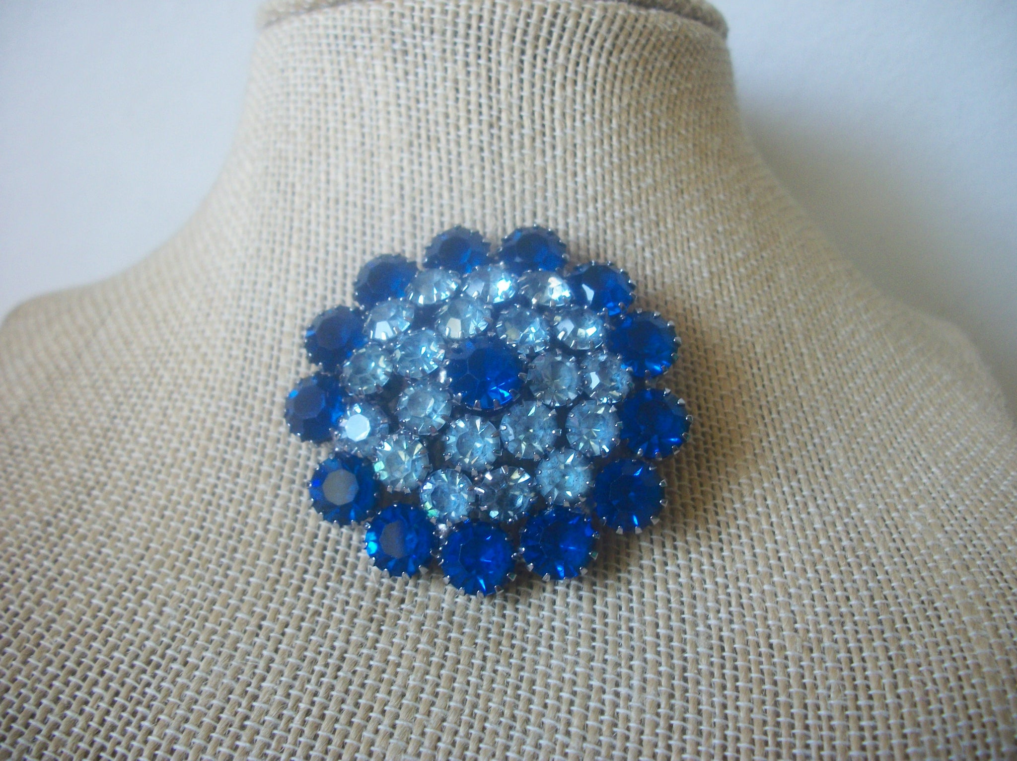 Vintage Brooch Pin Blue Rhinestones Cluster Mid Century Silver Tone 121516