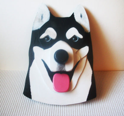 Vintage Wall Door Plate Decorative Siberian Husky Dog Thick Wood  Hand Painted C300