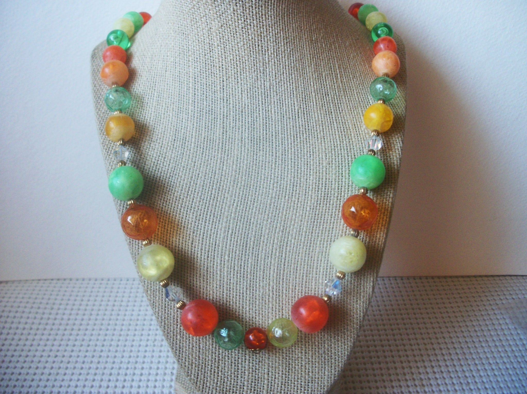 Colorful  24"- 27" Long Old Plastic Lucite Aurora Borelias Clear Glass Crystals Vintage Necklace 63017