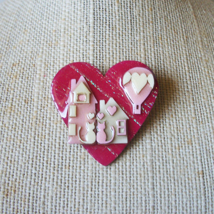 Vintage Lucinda House Pins Cat`s In Love Valentine`s Day Pink Red RARE