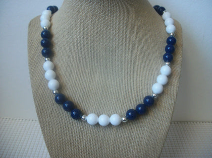 Retro 24" Necklace Pretty Dark Blue White Silver Acrylic Beads 030221