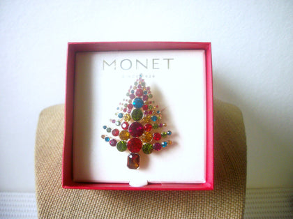 Vintage Brooch Pin, Gorgeous Monet Colorful Festive Christmas Tree in Gold Tones 10717