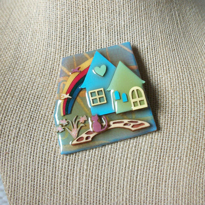 Vintage Jewelry, Lucinda House Pins Very Detailed Home Rainbow Birds Tulips Little Cute Cat 021321