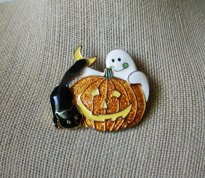 Vintage Brooch Pin, Halloween Ghost Black Glitter Pumpkin Enameled Gold Tone 030521