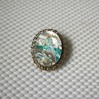 RARE Vintage Brooch Pin, Lorelei Figural Siren Water Spirits Germany Signed L Badger Hand Painted Paua Abalone Shell 030821