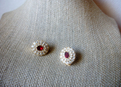 Gold Tone, Signed Swarovski, Dainty Clear and Red Crystals, Clip On Earrings 60218
