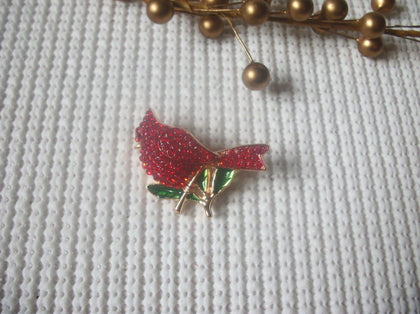 Vintage Brooch Pin, Red Rhinestones, Cardinal Bird, Green Enameled Leaf Branch, Gold Tone 72116B