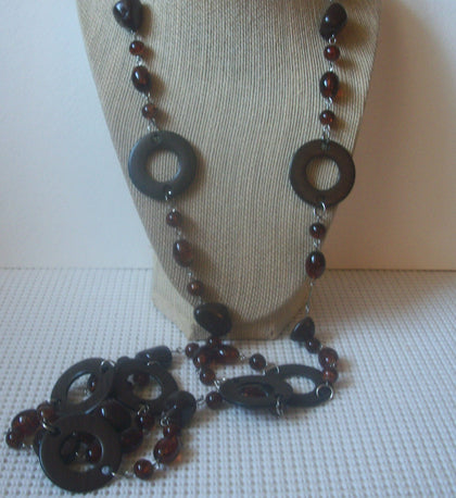 Brown Glass 56" Long Hand Crafted Beads, Polished Stones, Old Plastic Silver Tone, No Closure Vintage Necklace 63017