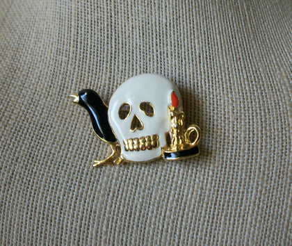 Vintage Brooch Pin, Halloween Skull Black Raven Candle Enameled Gold Tone 030521