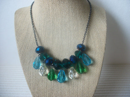 Gorgeous Vintage 16" - 19" Necklace Signed LC Liz Claiborne Clear Blue Green M Red Crystal Glass Tear Drop Dark Tone 10817