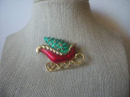 Vintage Jewelry Christmas Sled, Tree Red Green Enameled, Gold Tone  Brooch Pin 53018