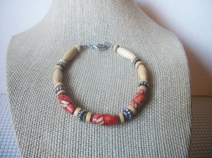 Hand Painted Wood All Natural Bali Spacers Silver Tone 7 3/4" Long Bracelet 022121