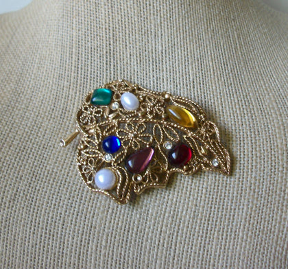 Larger Vintage Brooch Pin, Leaf Colorful Lucite Faux Pearl Rain Drops Gold Tone Open Cut Textured 030521