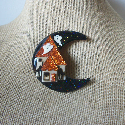 RARE Highly Detailed Lucinda Halloween House Pins, Crescent Moon Ghosts Glittery Scary Black Cat 61318