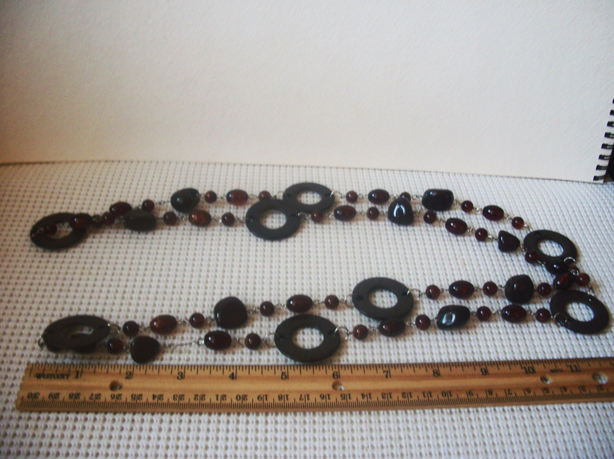 Brown Glass 56" Long Hand Crafted Beads, Polished Stones, Old Plastic Silver Tone, No Closure Vintage Necklace 63017