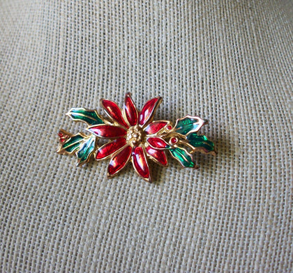 Vintage Brooch Pin, Christmas Festive Poinsettia Enameled Gold Tone 030521