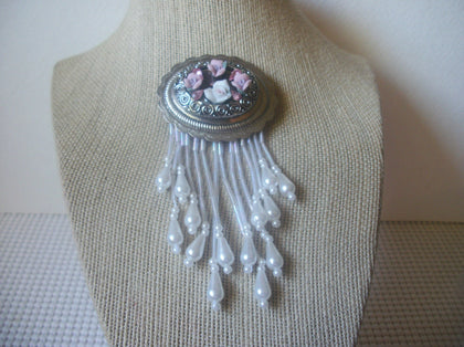 Hand Made, Silver Tone Faux Pearls Dangling 4" Long Porcelain Flowers, Vintage Brooch Pin 51018