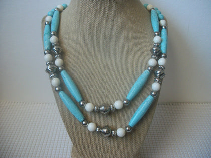 Vintage 24" Southwestern Blue Turquoise White Acrylic Silver Metal Beads Necklace 030121