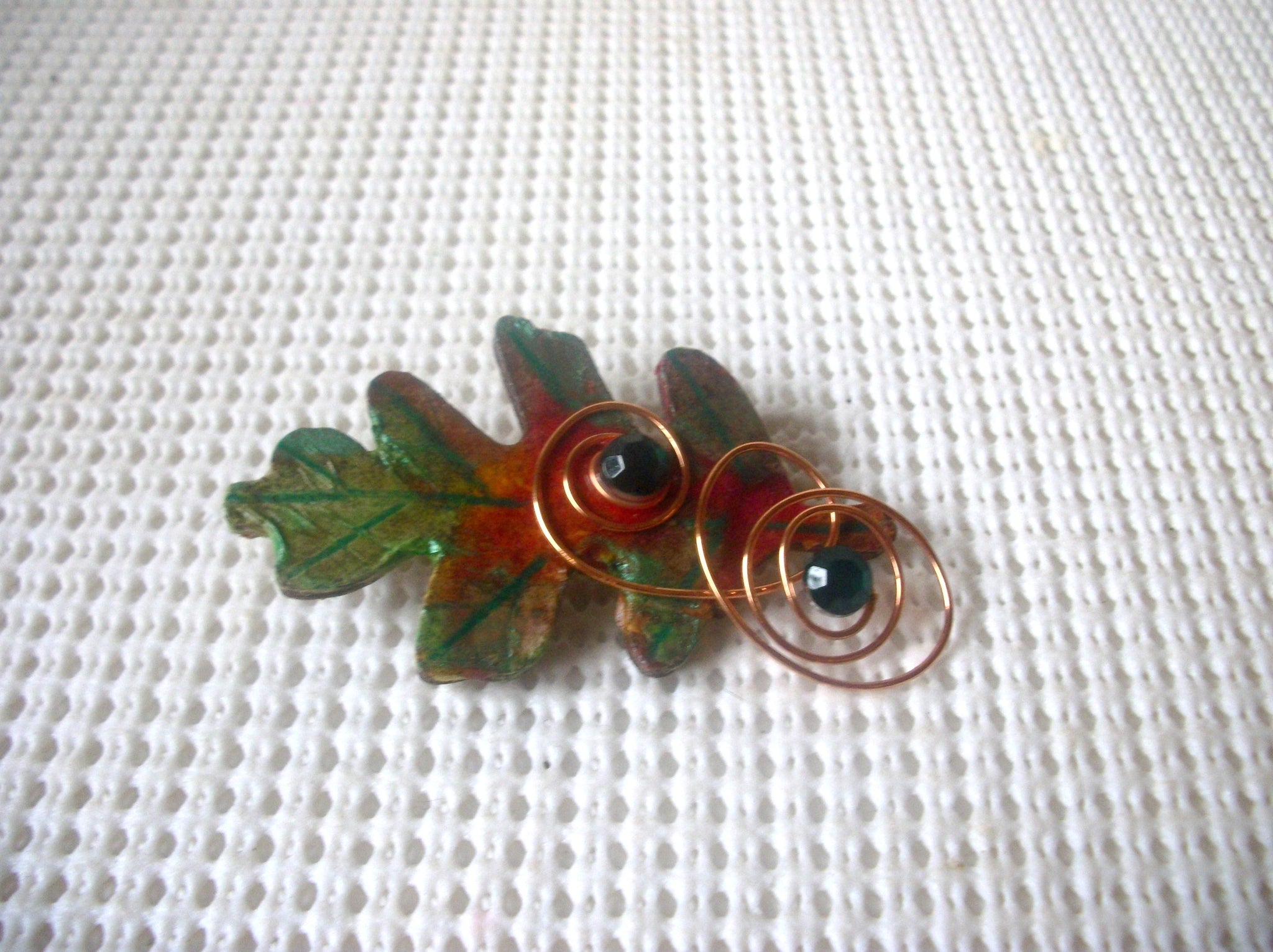 Hand Crafted Fall Leaf Copper Wired Green Rhinestones Made From Wood, Vintage Brooch Pin 022221