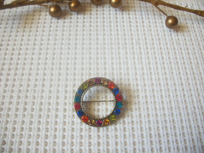 Vintage Brooch Pin, Circular Colorful Rhinestones, Antiqued Gold Tone 82317
