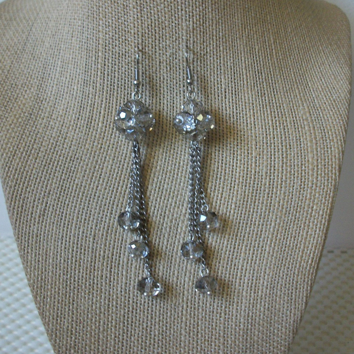 Long Vintage Pierced Earrings Silver Toned Clear Czech Glass Tassel 51016