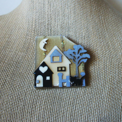 Vintage Lucinda House Pins, Gray Fall Glitter Crescent Moon Little Cute Cat 021321