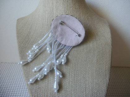 Hand Made, Silver Tone Faux Pearls Dangling 4" Long Porcelain Flowers, Vintage Brooch Pin 51018