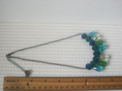 Gorgeous Vintage 16" - 19" Necklace Signed LC Liz Claiborne Clear Blue Green M Red Crystal Glass Tear Drop Dark Tone 10817