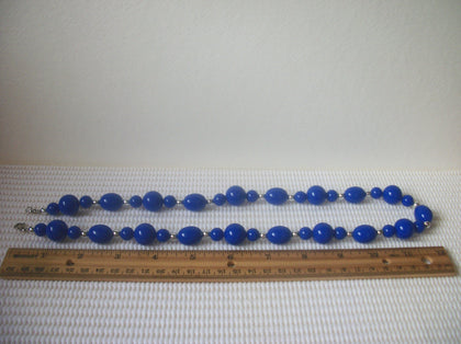 Vintage 24" Gorgeous Bright Royal Blue Acrylic Beads Silver Tone Spacers Necklace 31017