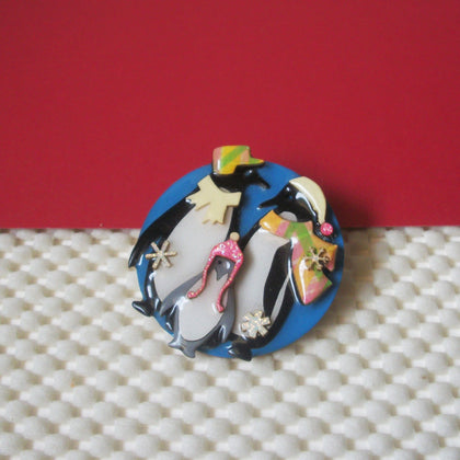 Vintage Lucinda Pin Christmas Penguin Family Scarves Snowflakes