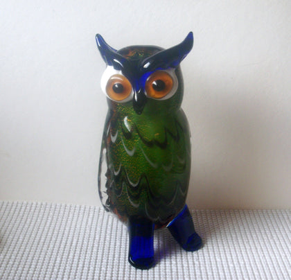 Vintage 8" Tall Colorful Cobalt Blue Green Golden Cream Brown Murano Glass Owl Figurine
