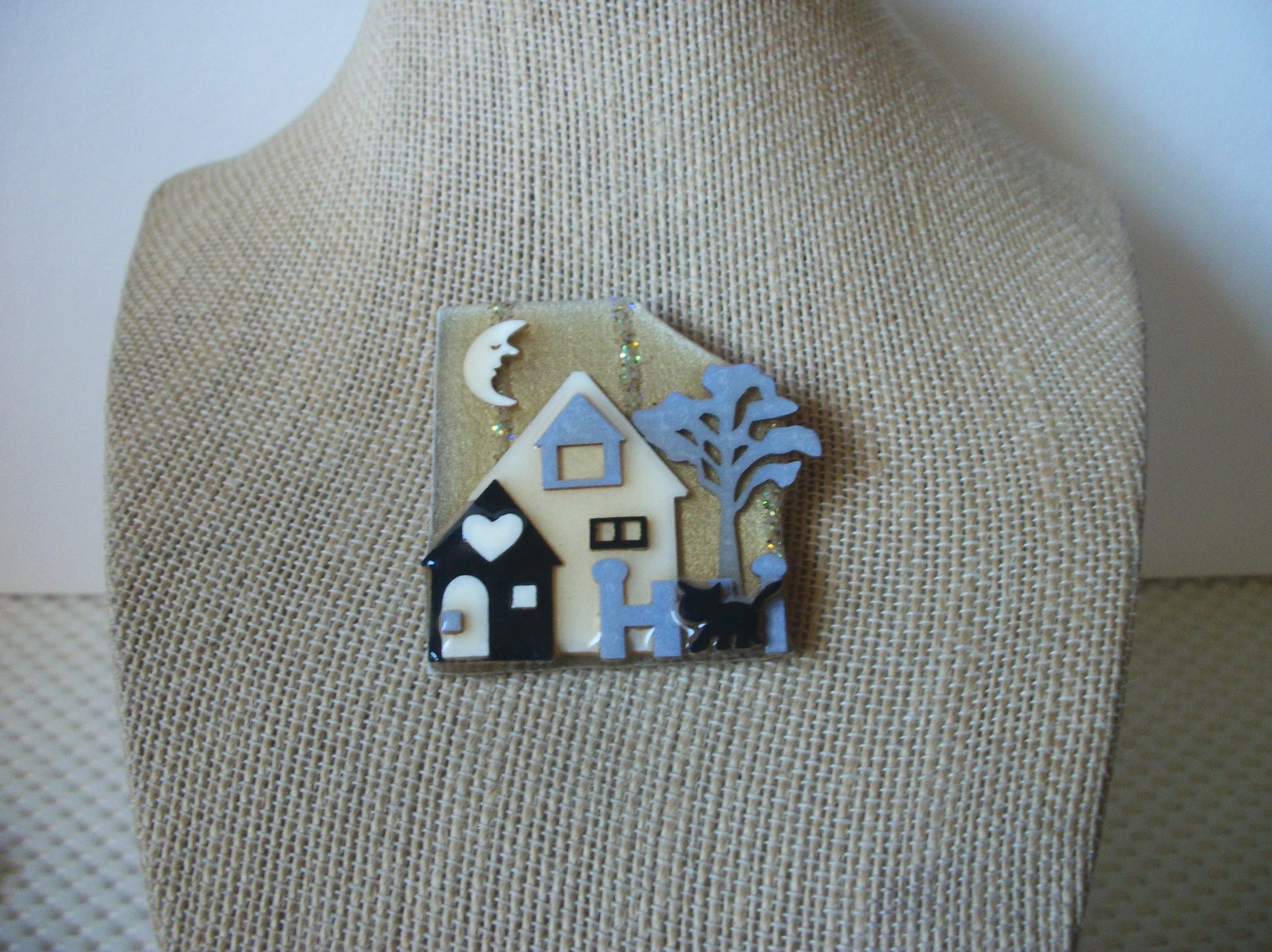 Vintage Lucinda House Pins, Gray Fall Glitter Crescent Moon Little Cute Cat 021321