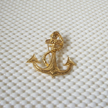 Vintage Brooch Pin, Anchor Ship Ocean Gold Tone, 122220