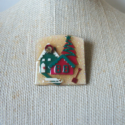 Vintage Lucinda House Pins Festive Snow On The Roof Glitter Shovel Sled Wreath