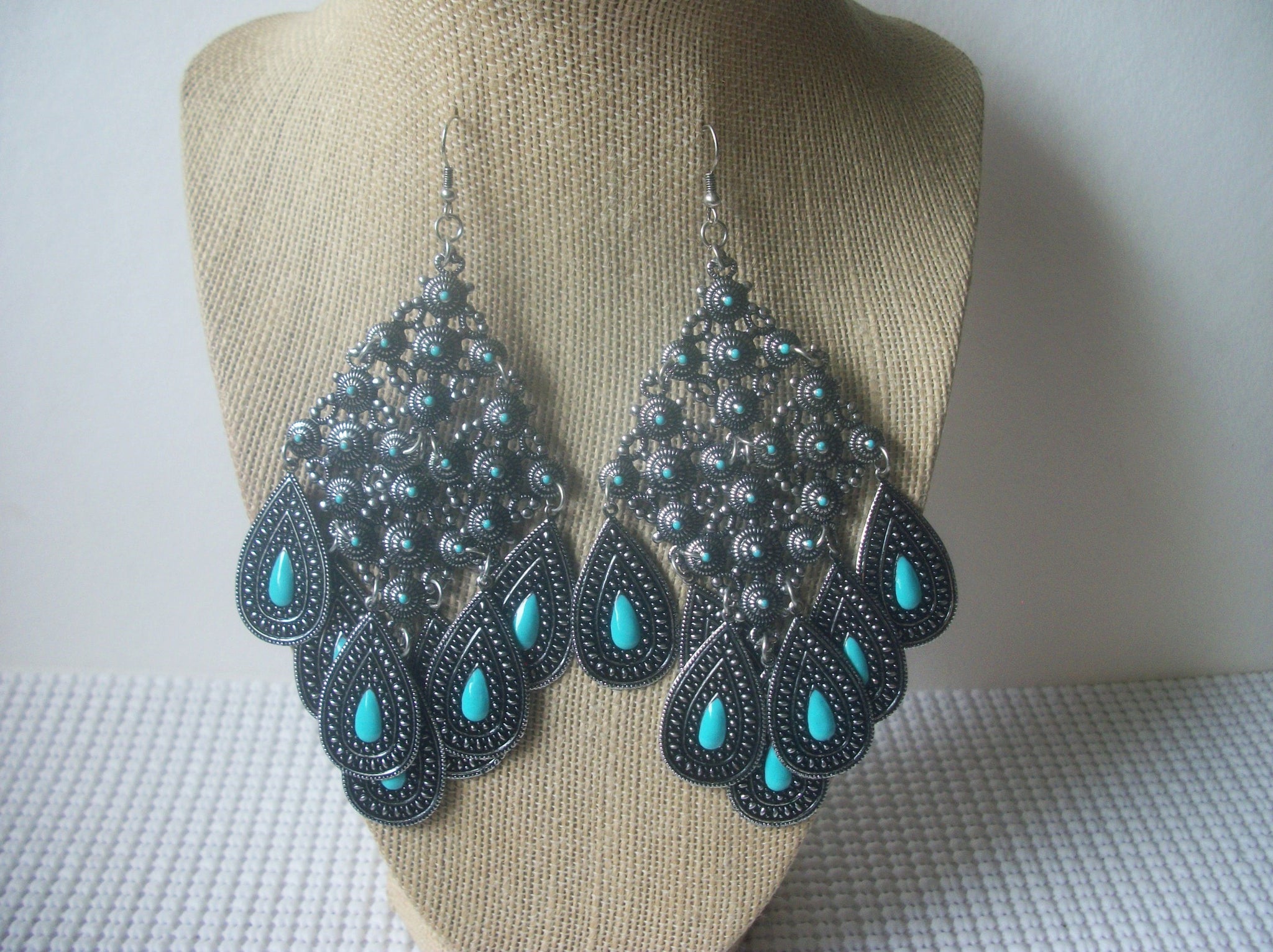 Massive Chandelier Earrings, Silver Toned Turquoise Ethnic Peacock 5" Long 82016